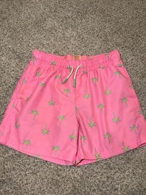 Boys Pink Palm-Print Elastic Waist Swim Shorts